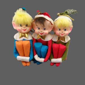 3 Vintage Knee Hugger Elf Ornaments Set, Red, Blue, Green Christmas Elves